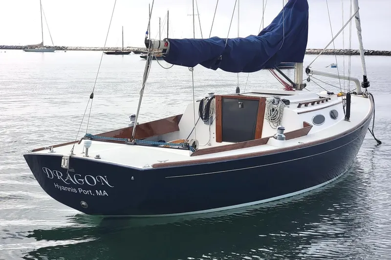 Slide: The Image of 2002 Alerion 28 Express sailboat named "Dragon" docked at Hyannis Port, MA. - 19