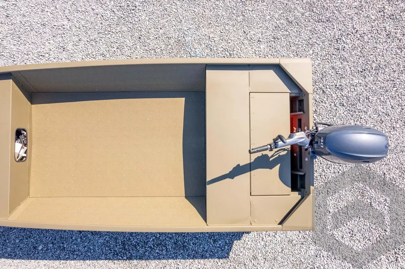 Slide: The Image of 2026 G3 Gator Tough 1652 VBW boat, aerial view, gravel background. - 38