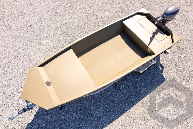 Slide: The Image of 2026 G3 Gator Tough 1652 VBW boat on gravel, top view. - 31