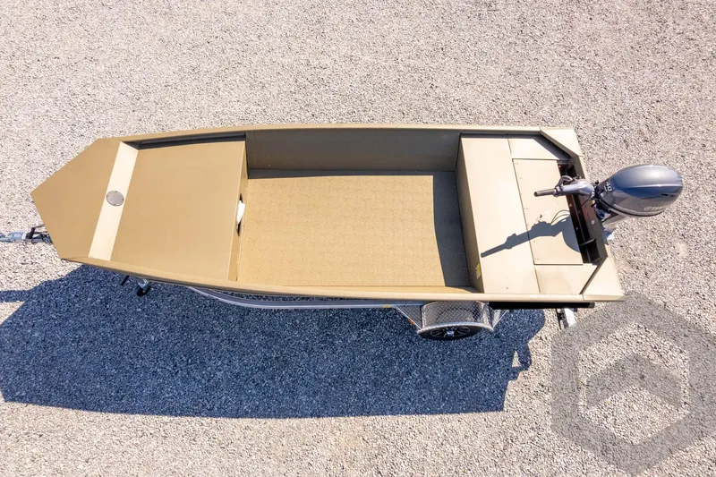 Slide: The Image of 2026 G3 Gator Tough 1652 VBW boat on gravel, top view. - 32