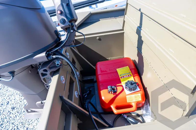 Slide: The Image of 2026 G3 Gator Tough 1860 VBW boat with red fuel tank and motor components. - 20