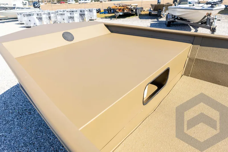 Slide: The Image of 2026 G3 Gator Tough 1860 VBW boat deck, beige color, outdoor display. - 23