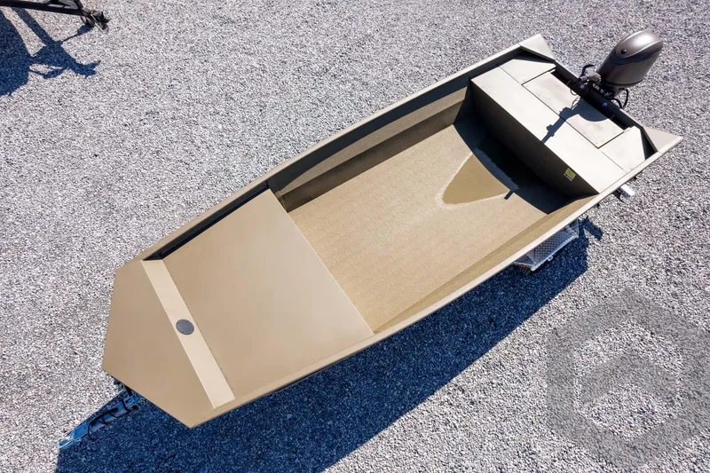 Slide: The Image of 2026 G3 Gator Tough 1860 VBW boat on gravel, aerial view. - 34