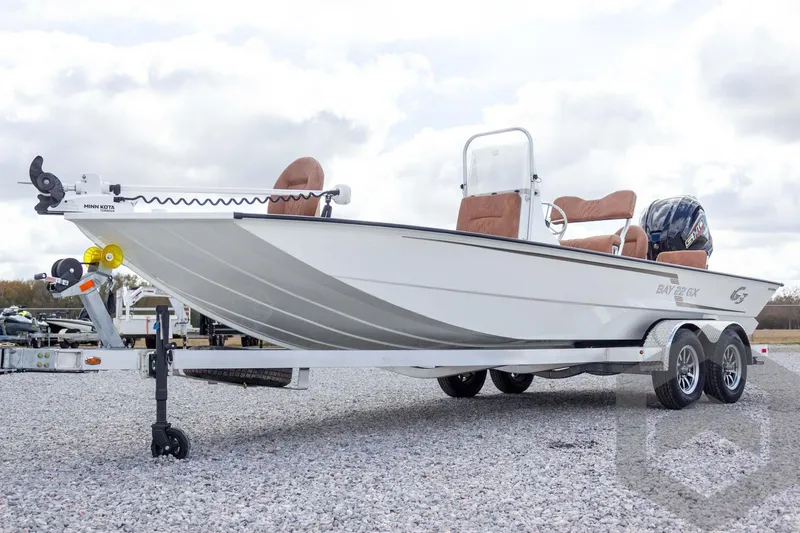 Slide: The Image of 2026 G3 Bay 22 GX boat on trailer, featuring Minn Kota trolling motor. - 12