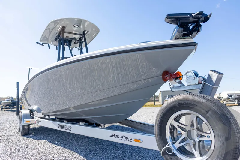 Slide: The Image of 2026 Pathfinder 2500 Hybrid boat on trailer, showcasing sleek design and modern features. - 12