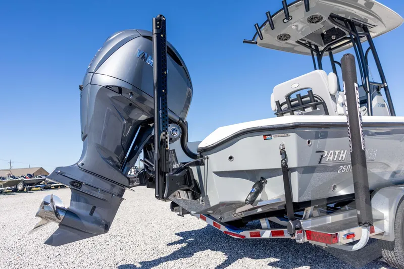 Slide: The Image of 2026 Pathfinder 2500 Hybrid boat with powerful outboard motor on trailer. - 18