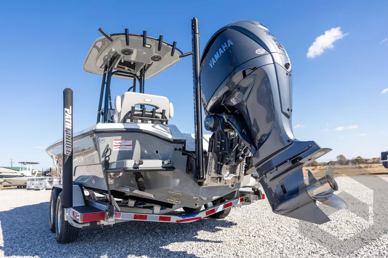 Slide: The Image of 2026 Pathfinder 2500 Hybrid boat with Yamaha outboard engine on trailer. - 27