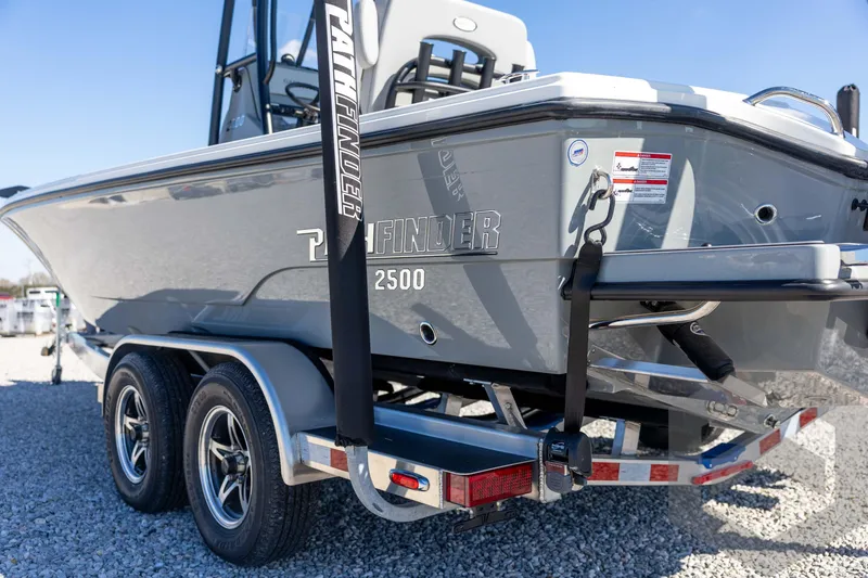 Slide: The Image of 2026 Pathfinder 2500 Hybrid boat on trailer, showcasing sleek design and dual axles. - 34