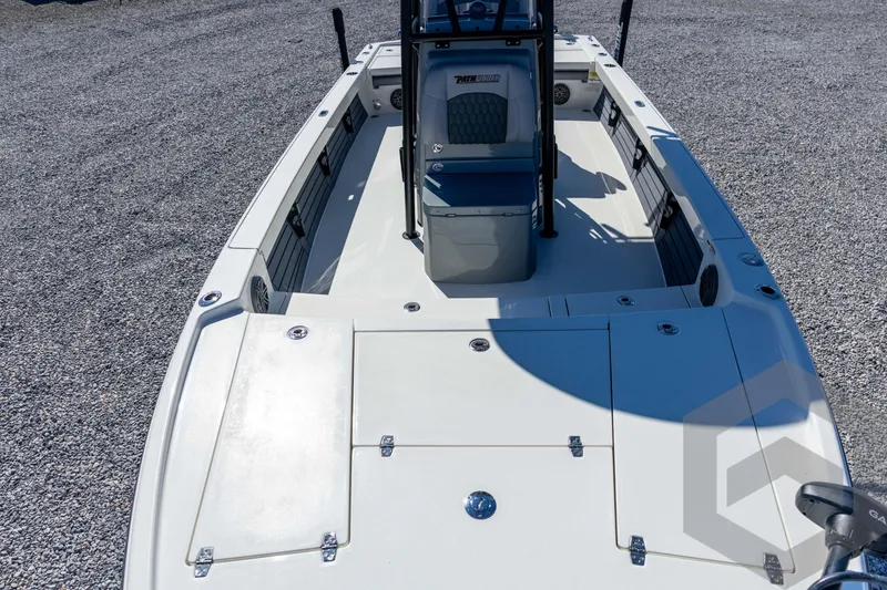 Slide: The Image of 2026 Pathfinder 2500 Hybrid boat deck with seating and storage compartments. - 46