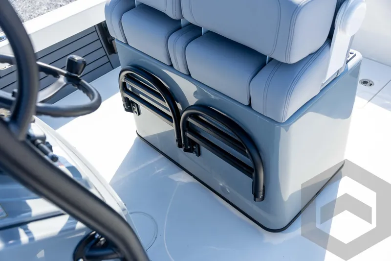 Slide: The Image of 2026 Pathfinder 2500 Hybrid boat interior with cushioned seating and sleek design. - 74