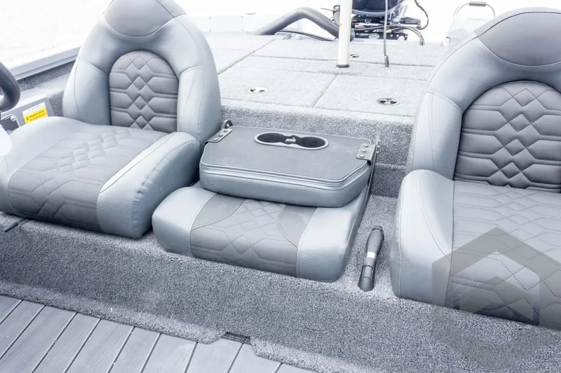 Slide: The Image of 2026 Vexus AVX 1980 boat interior with gray cushioned seats and center console. - 53