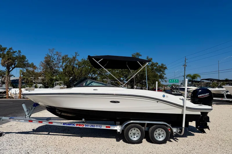 The Image of 2023 Sea Ray SPX 210 Outboard boat on trailer, sunny day, outdoor display. - 0