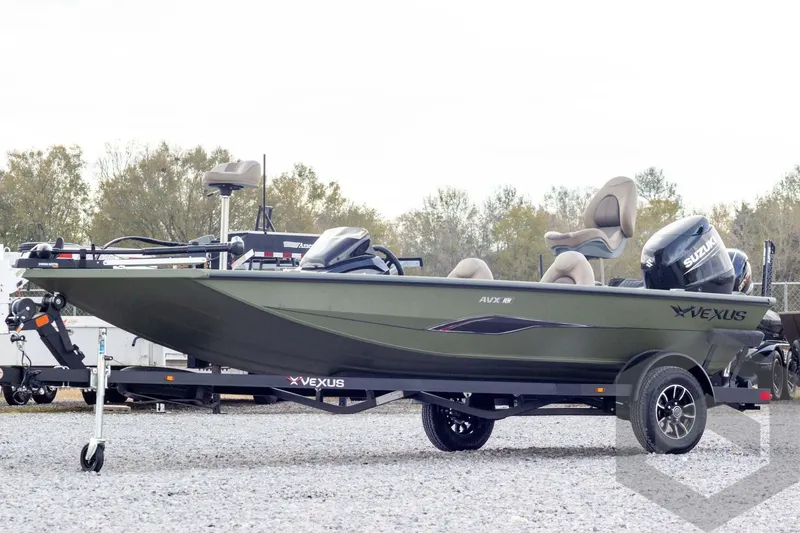 The Image of 2026 Vexus Defender 181 boat on trailer, featuring Suzuki outboard motor. - 1