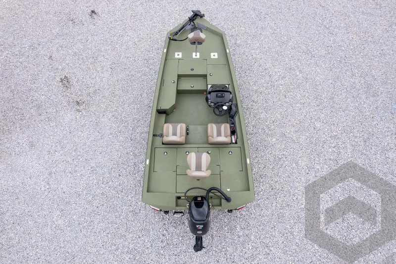 Slide: The Image of 2026 Vexus Defender 181 boat, aerial view, green exterior, four seats, gravel background. - 57