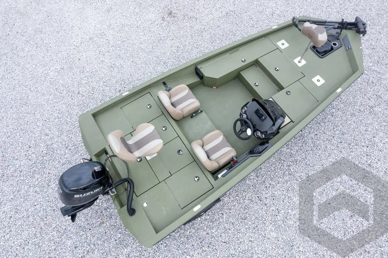 Slide: The Image of 2026 Vexus Defender 181 boat with Suzuki motor, green interior, and dual seats. - 58