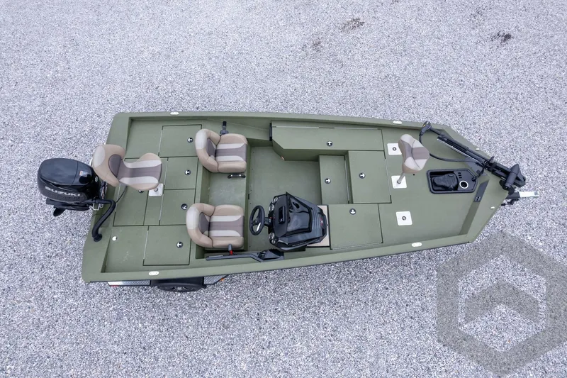 Slide: The Image of 2026 Vexus Defender 181 boat with green deck, four seats, and Suzuki outboard motor. - 59