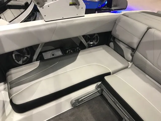 Slide: The Image of Interior of 2018 Malibu Wakesetter 22 MXZ with gray upholstery. - 14