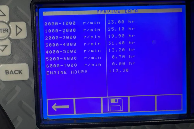 Slide: The Image of Display screen showing engine service data for Sylvan X-3, 2023 model. - 12