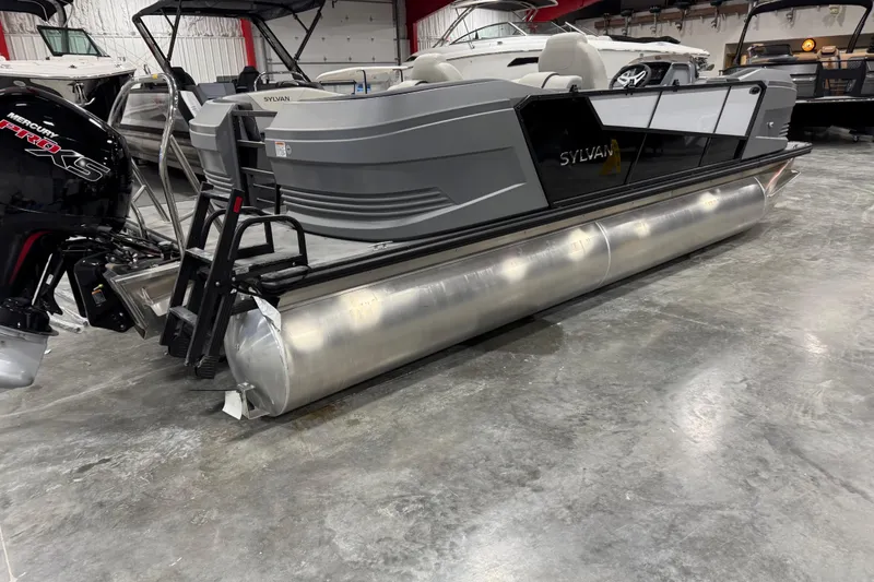 Slide: The Image of 2025 Sylvan A-22 pontoon boat with Mercury Pro XS engine in showroom. - 4