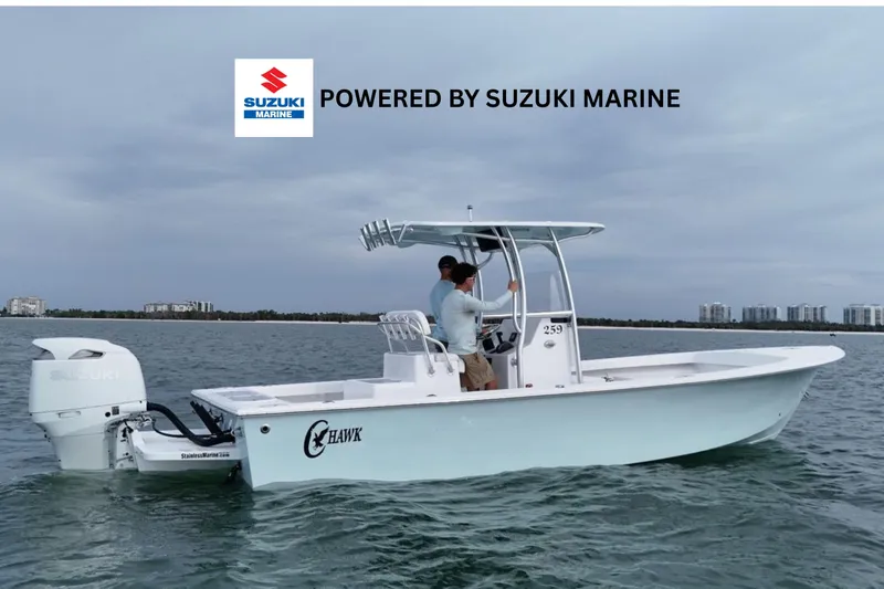 Slide: The Image of 2026 C-Hawk 25 Center Console boat powered by Suzuki Marine on open water. - 0