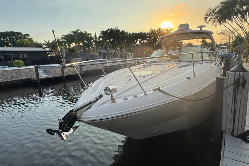 Slide: The Image of 2007 Sea Ray Sundancer 310 docked at sunset, surrounded by palm trees. - 2