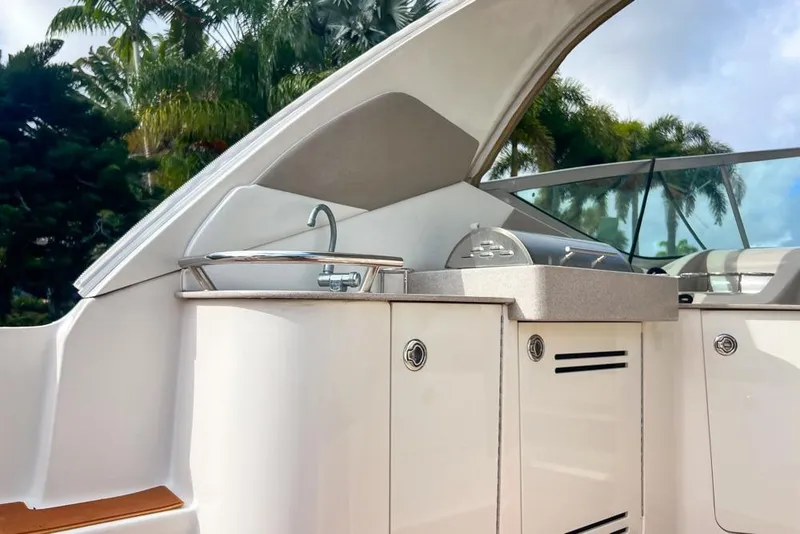 Slide: The Image of 2007 Sea Ray Sundancer 310 boat kitchenette with sink and grill, surrounded by lush greenery. - 36