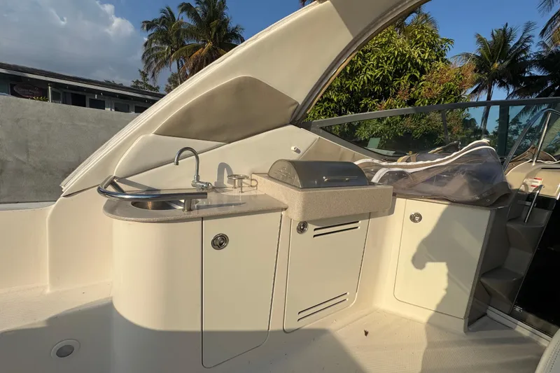 Slide: The Image of 2007 Sea Ray Sundancer 310 boat interior with sink and grill, surrounded by tropical scenery. - 6