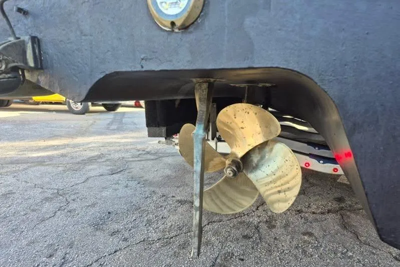 Slide: The Image of Propeller of 2007 Sea Ray Sundancer 310 boat on trailer, close-up view. - 73