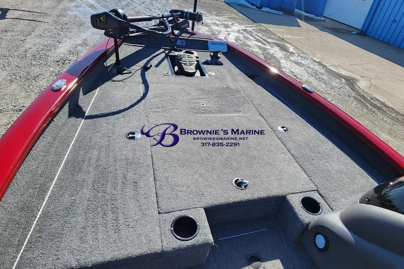 Slide: The Image of 2019 Tracker Pro Team 175 TXW boat deck with fishing equipment, Brownie's Marine branding. - 4