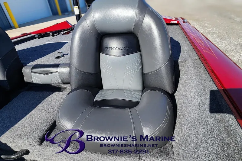 Slide: The Image of 2019 Tracker Pro Team 175 TXW boat seat, gray upholstery, Brownie's Marine branding. - 5