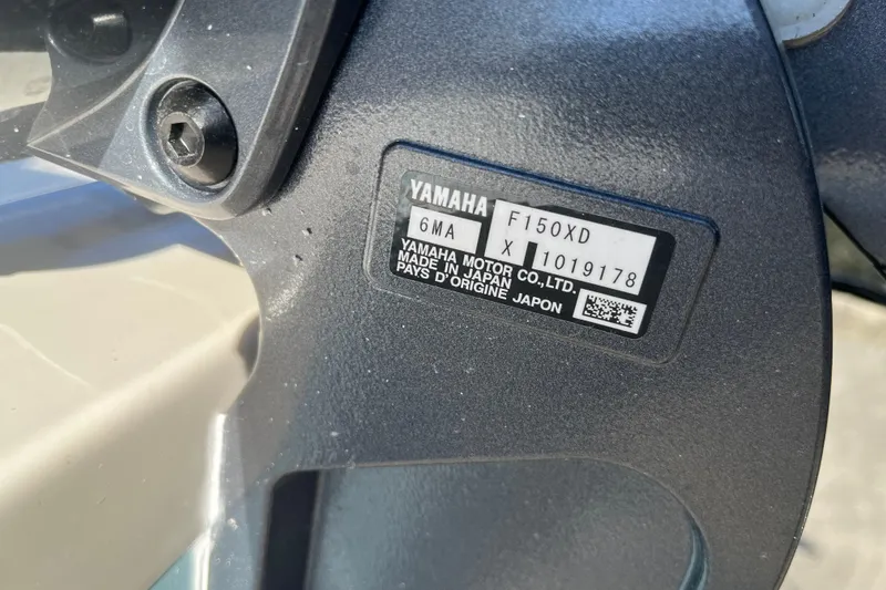 Slide: The Image of Close-up of Yamaha F150XD engine label on Bulls Bay 2200, 2026 model. - 20
