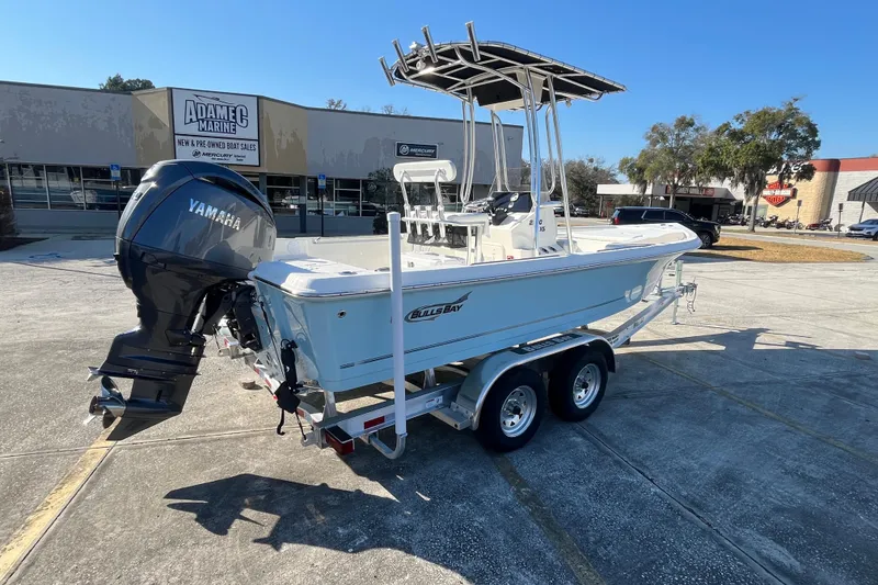 Slide: The Image of 2026 Bulls Bay 2200 boat with Yamaha engine on trailer at dealership. - 6