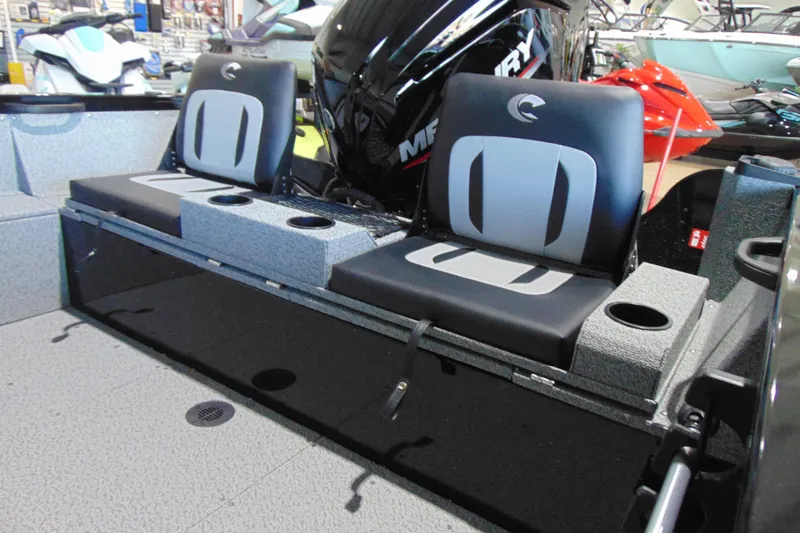 Slide: The Image of 2026 Crestliner 1850 Kodiak WT boat seats with cup holders and Mercury engine. - 8