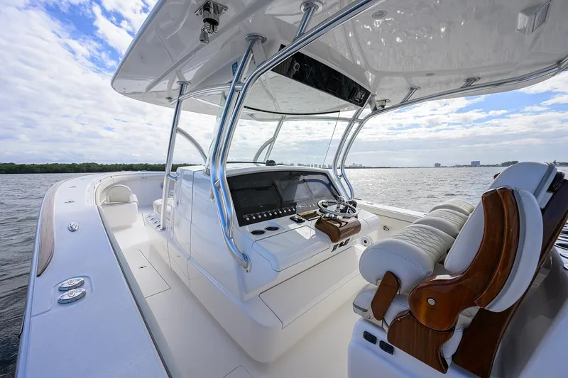 Slide: The Image of 2021 Valhalla Boatworks V-41 luxury boat interior with sleek design and advanced navigation system. - 14