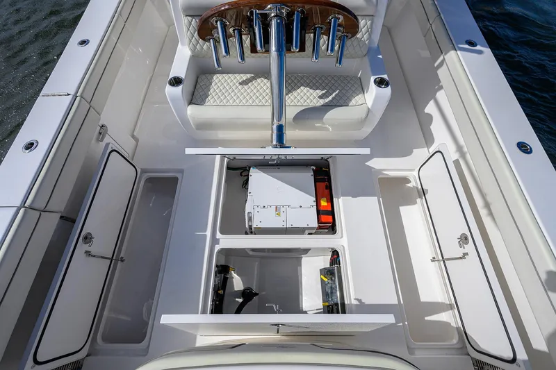 Slide: The Image of 2021 Valhalla Boatworks V-41 deck with storage compartments and seating. - 48