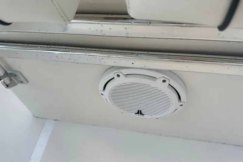 Slide: The Image of Speaker on 2015 Jupiter 38 FS boat, with water droplets on surface. - 28