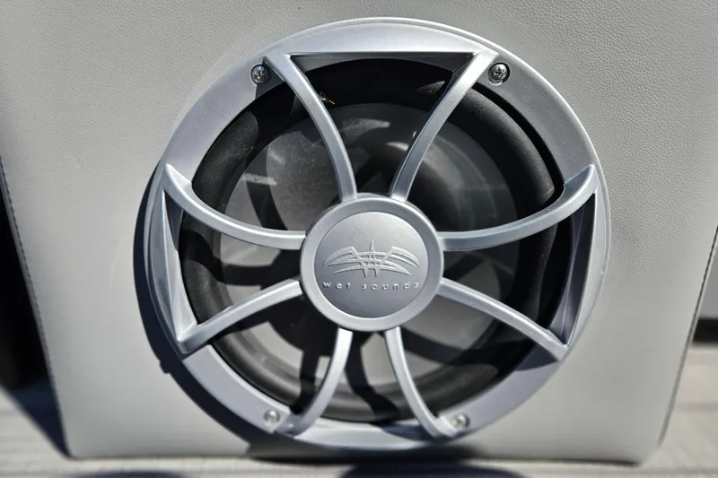 Slide: The Image of Close-up of a Wet Sounds speaker on a 2026 Bentley Pontoons LEGACY 243 QUAD SWINGBACK. - 10