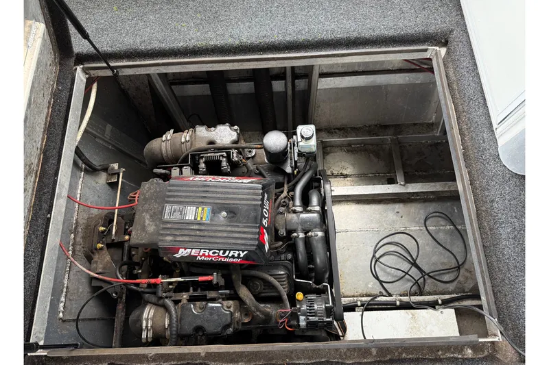 Slide: The Image of Engine compartment of a 2001 Sharpe 80 X 18 with Mercury MerCruiser 5.0L engine. - 26