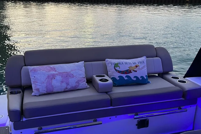 Slide: The Image of Interior of 2014 Regal 35 Sport Coupe with blue LED lighting. - 29