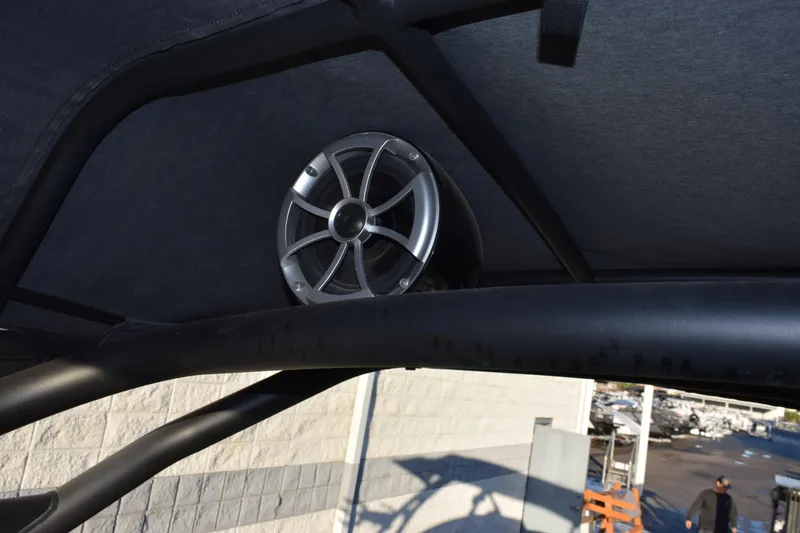 Slide: The Image of Speaker mounted on 2022 Yamaha Boats 255XD canopy, showcasing sleek design. - 15