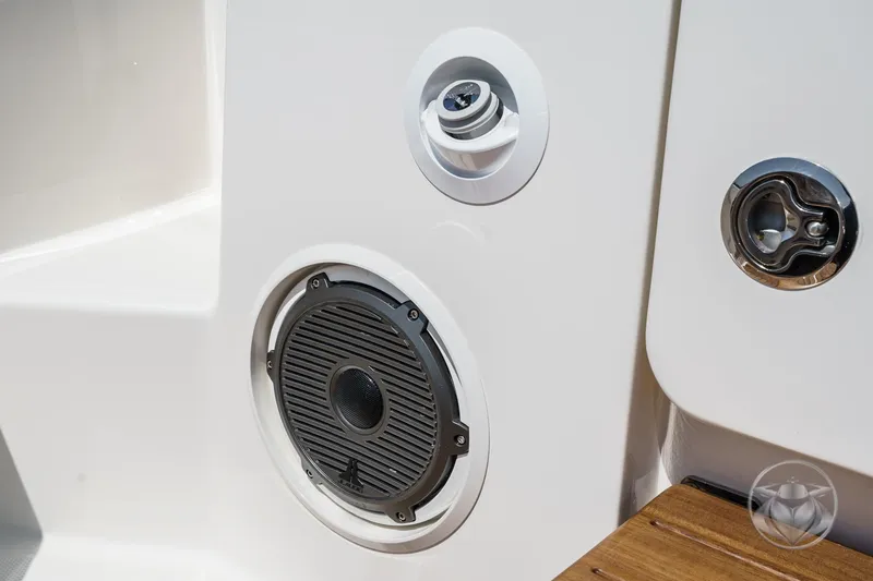 Slide: The Image of Close-up of 2025 Boston Whaler 405 Conquest boat speaker and fittings. - 43