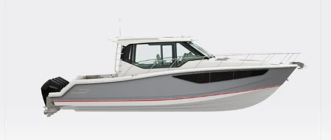 Slide: The Image of 2025 Boston Whaler 405 Conquest boat, side view, sleek design, gray and white exterior. - 86