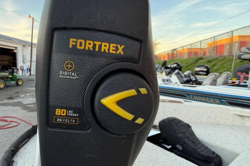 Slide: The Image of Close-up of Fortrex trolling motor on 2021 Xpress X18PFC boat, featuring 80 lbs thrust. - 52