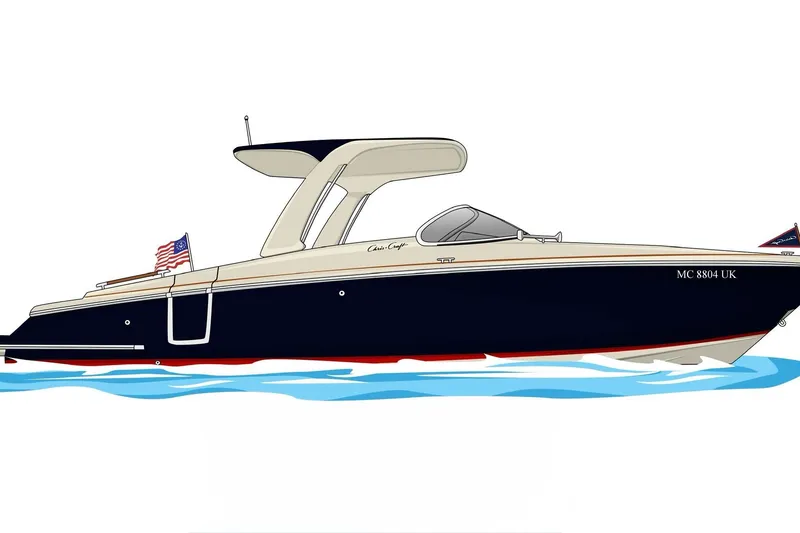 Slide: The Image of 2019 Chris-Craft Launch 28 GT boat illustration with American flag, sleek design, and blue water. - 13