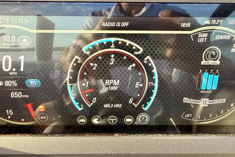 Slide: The Image of Dashboard of a 2021 Malibu Wakesetter 25 LSV showing speed, RPM, and ballast settings. - 34