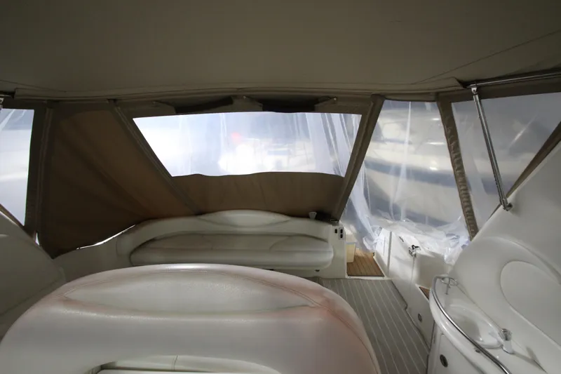 Slide: The Image of Interior view of 2000 Sea Ray 410 Sundancer yacht with seating and canopy. - 18