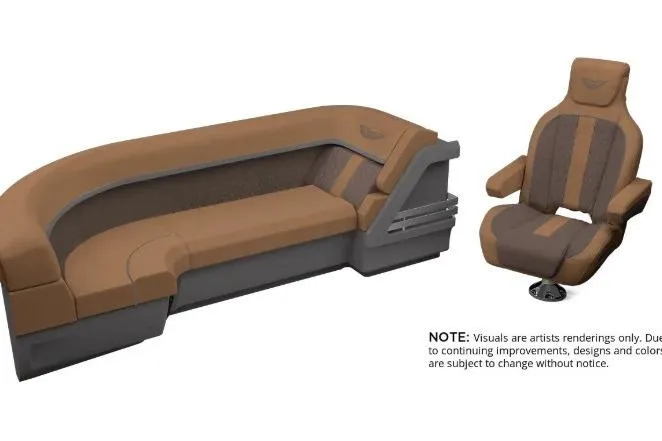 Slide: The Image of 2026 Bennington 24 MSL boat seating, featuring brown and gray upholstery with modern design elements. - 3