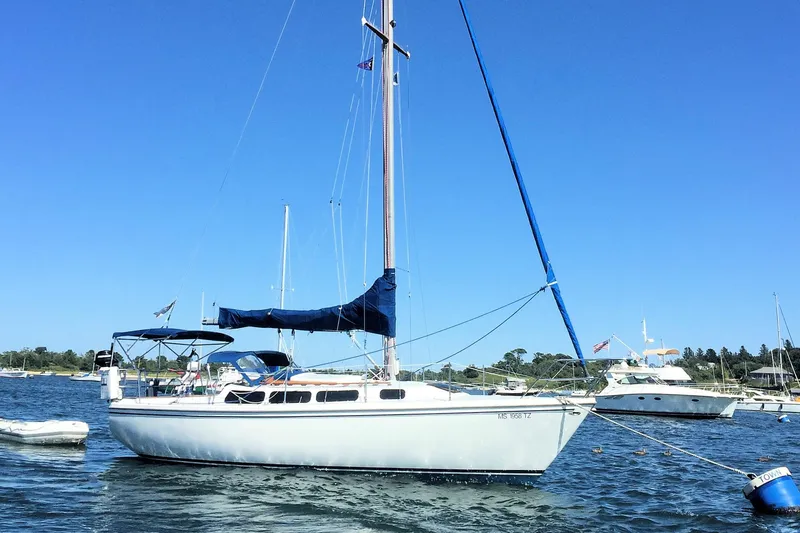 The Image of 1981 Catalina 30 sailboat anchored in a scenic harbor under a clear blue sky. - 0