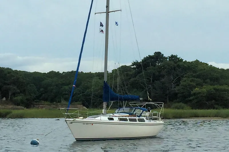 Slide: The Image of 1981 Catalina 30 sailboat anchored on calm water with lush green shoreline. - 7