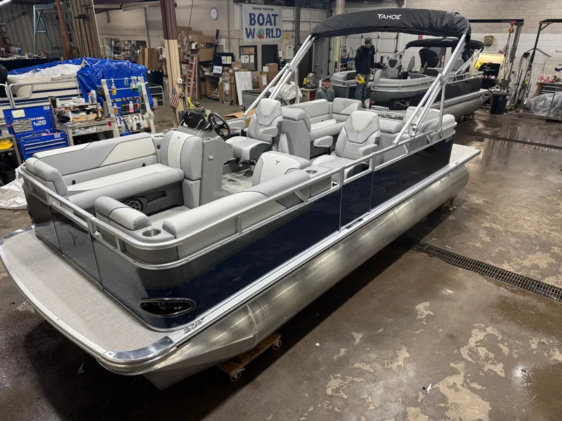 The Image of 2026 Tahoe Sport 2180 Quad Lounge pontoon boat in workshop. - 1